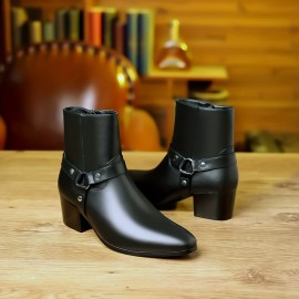 Men's Heeled Boots With Zippers, Casual Walking Shoes, PU Leather Boots